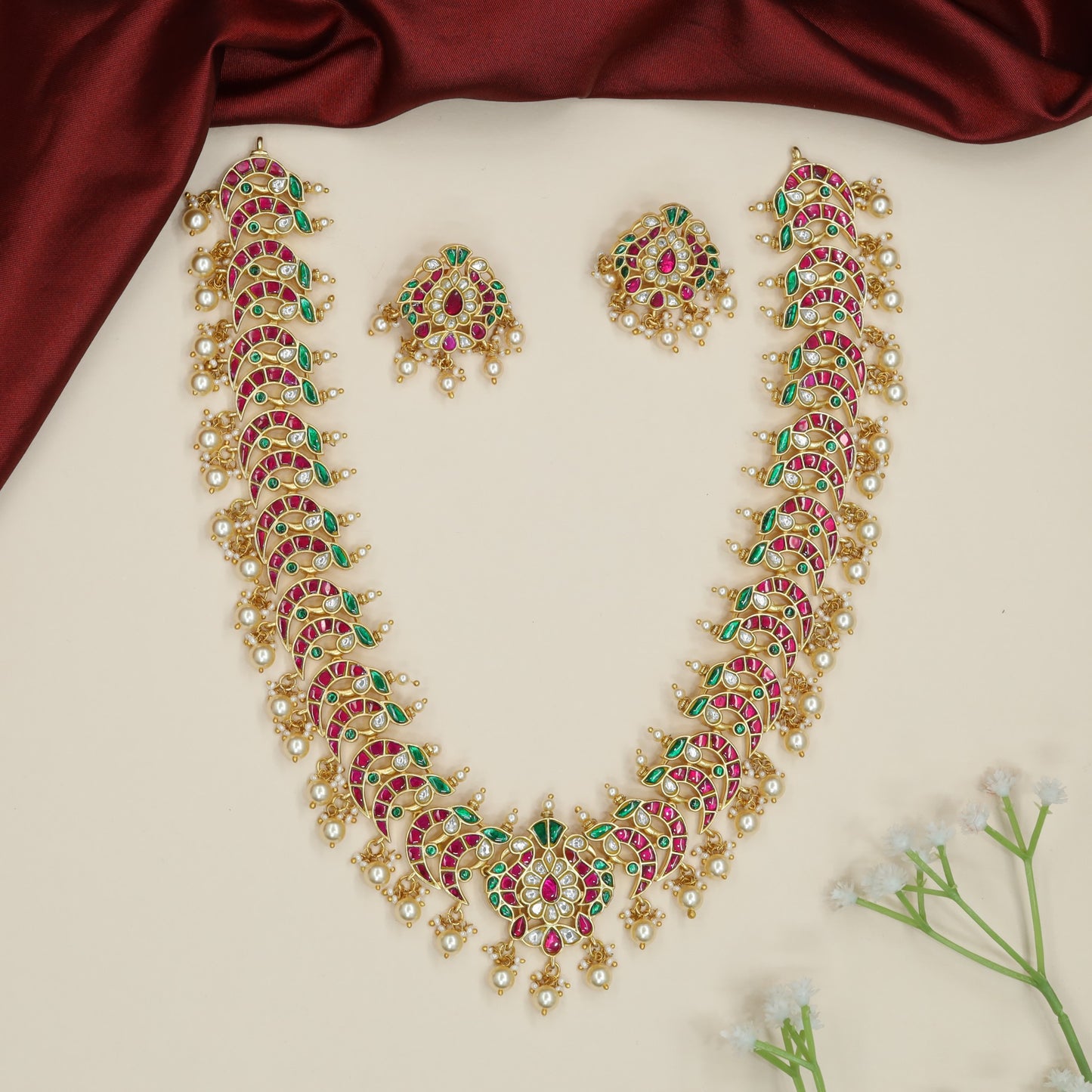Carved Peacock Jadau Long Hara with Layered Border Pattern