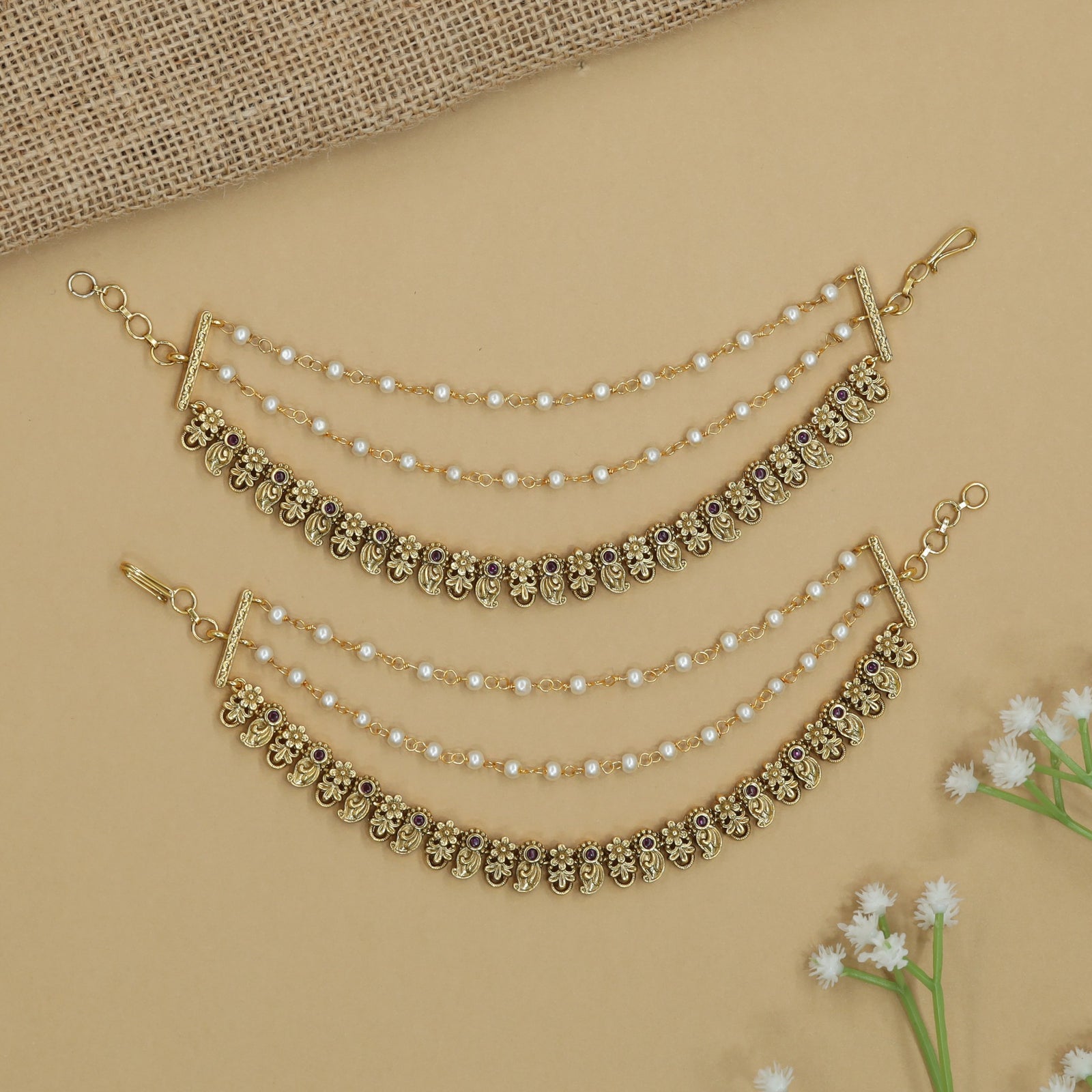 Hanging Pearl Antique Mati with Floral Connectors and Curved Layout