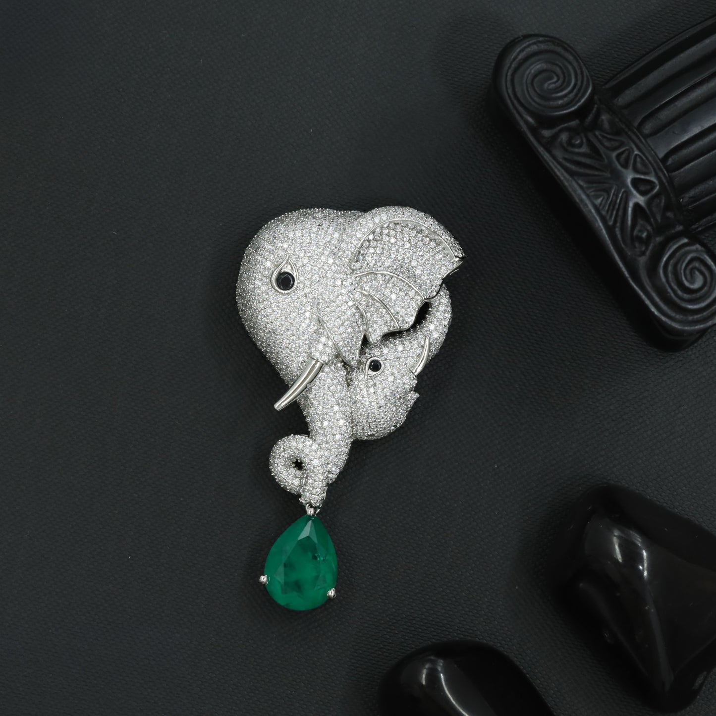 Elephant Rhodium Brooch with Curved Trunk and Drop Accent