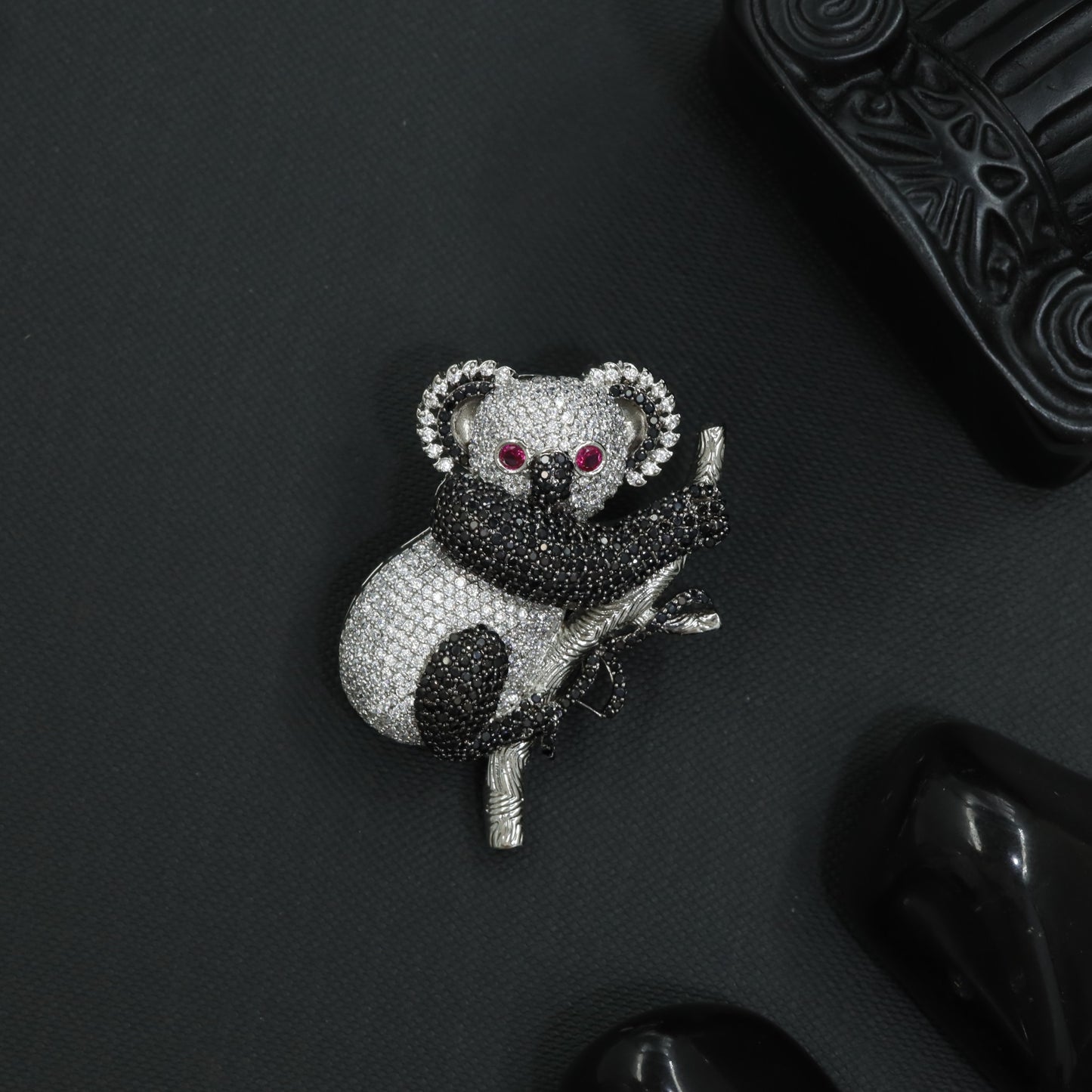 Ornamental Koala Rhodium Brooch with Curved Branch Formation