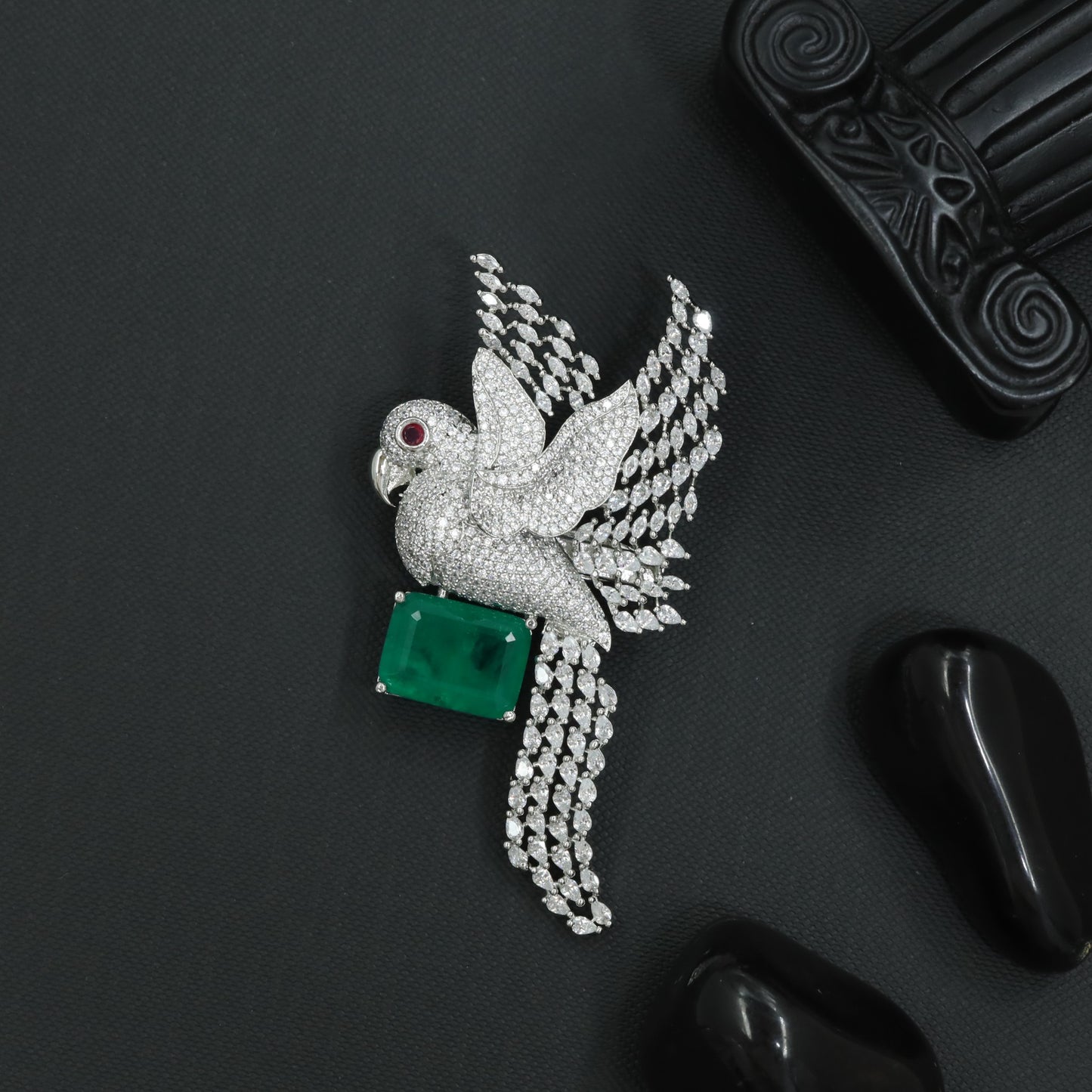 Textured Parrot Rhodium Brooch with Sculptural Wing Formation