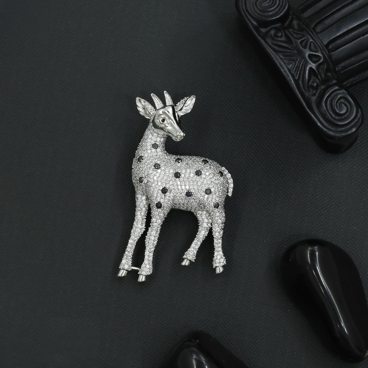 Deer Rhodium Brooch with Sculpted Antlers and Spotted Body
