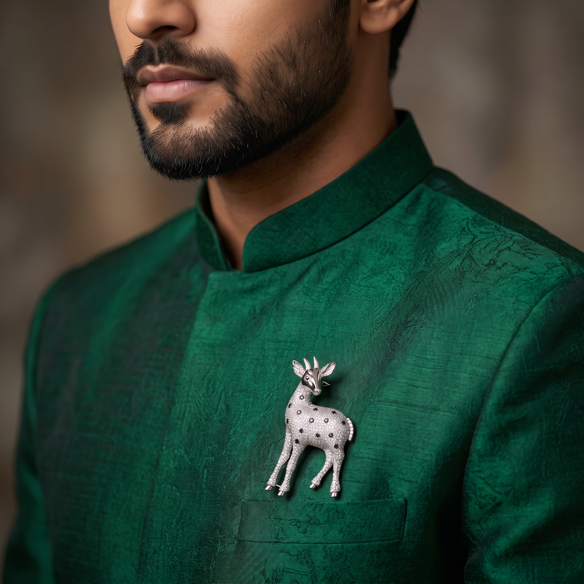 Rhodium Deer Brooch with Sculpted Antlers
