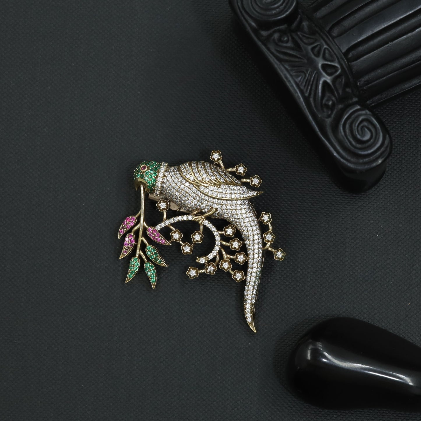 Grand Aviary Victorian Brooch with Decorative Floral Sprigs