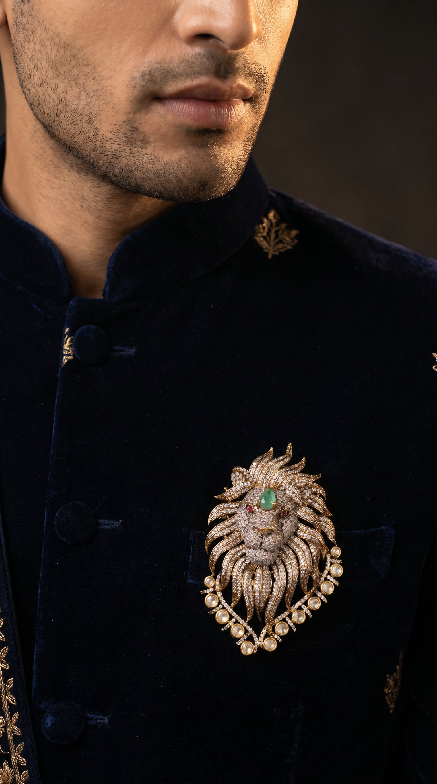 Stone Lion Brooch with Flowing Mane and Circular Border Frame