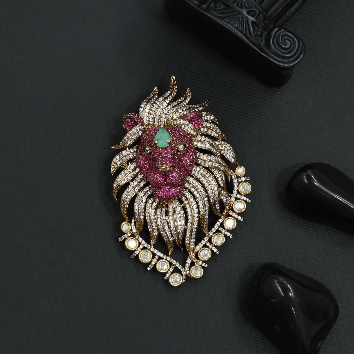 Stone Lion Brooch with Flowing Mane and Circular Border Frame