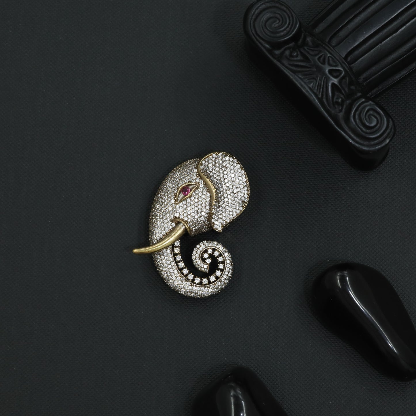 Crystal Tusker Victorian Brooch with Decorative Spiral Border Styling