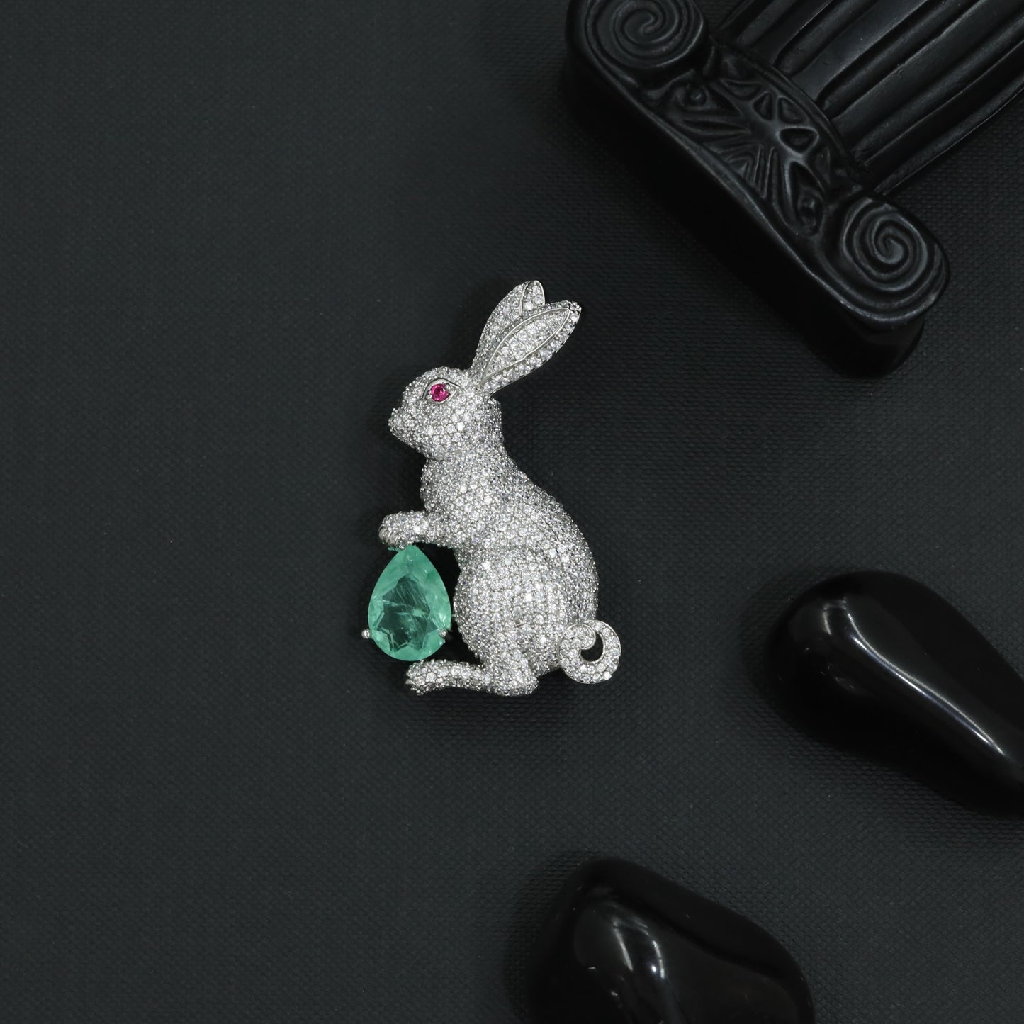 Aurora Bunny Brooch with Sculpted Curves and Crystal Detailing