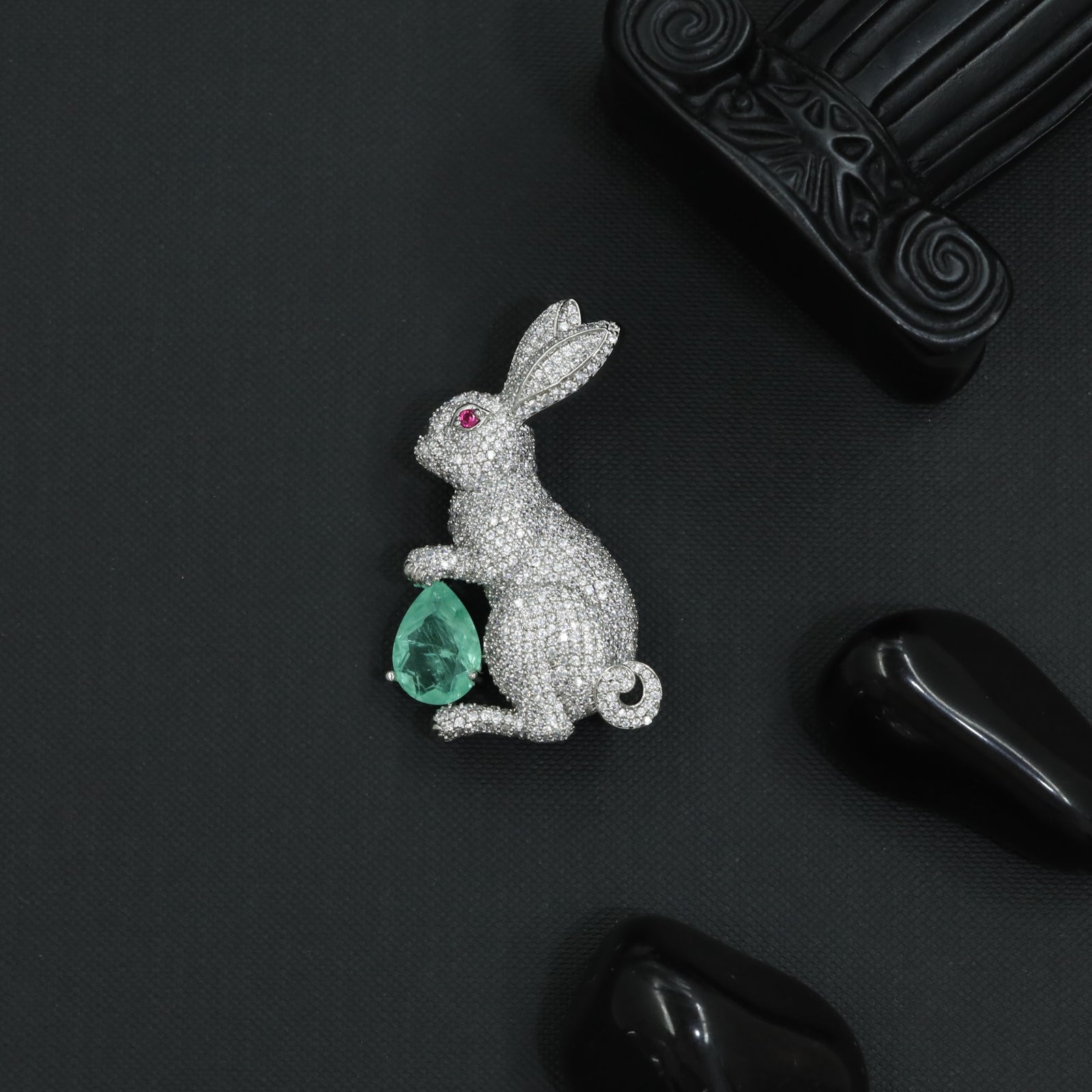 Aurora Bunny Brooch with Sculpted Curves and Crystal Detailing