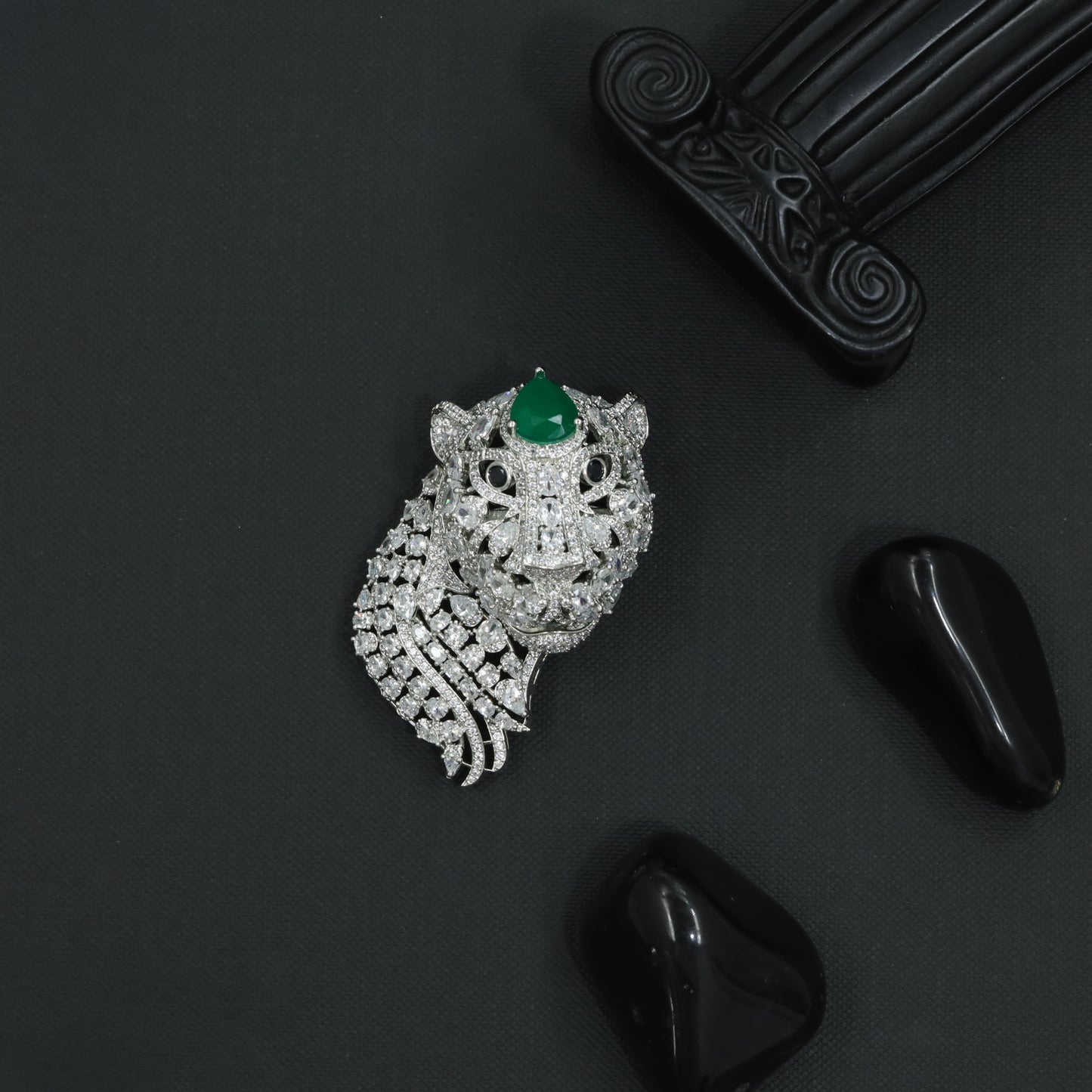 Statement Tiger Rhodium Brooch with Detailed Face and Draped Body