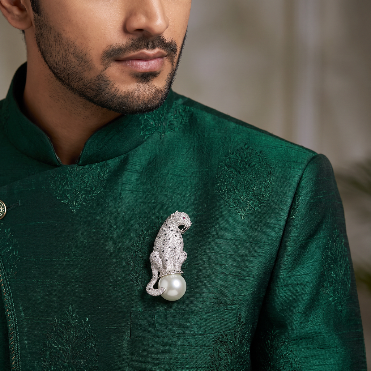 Rhodium Panther Brooch with Pearl Base