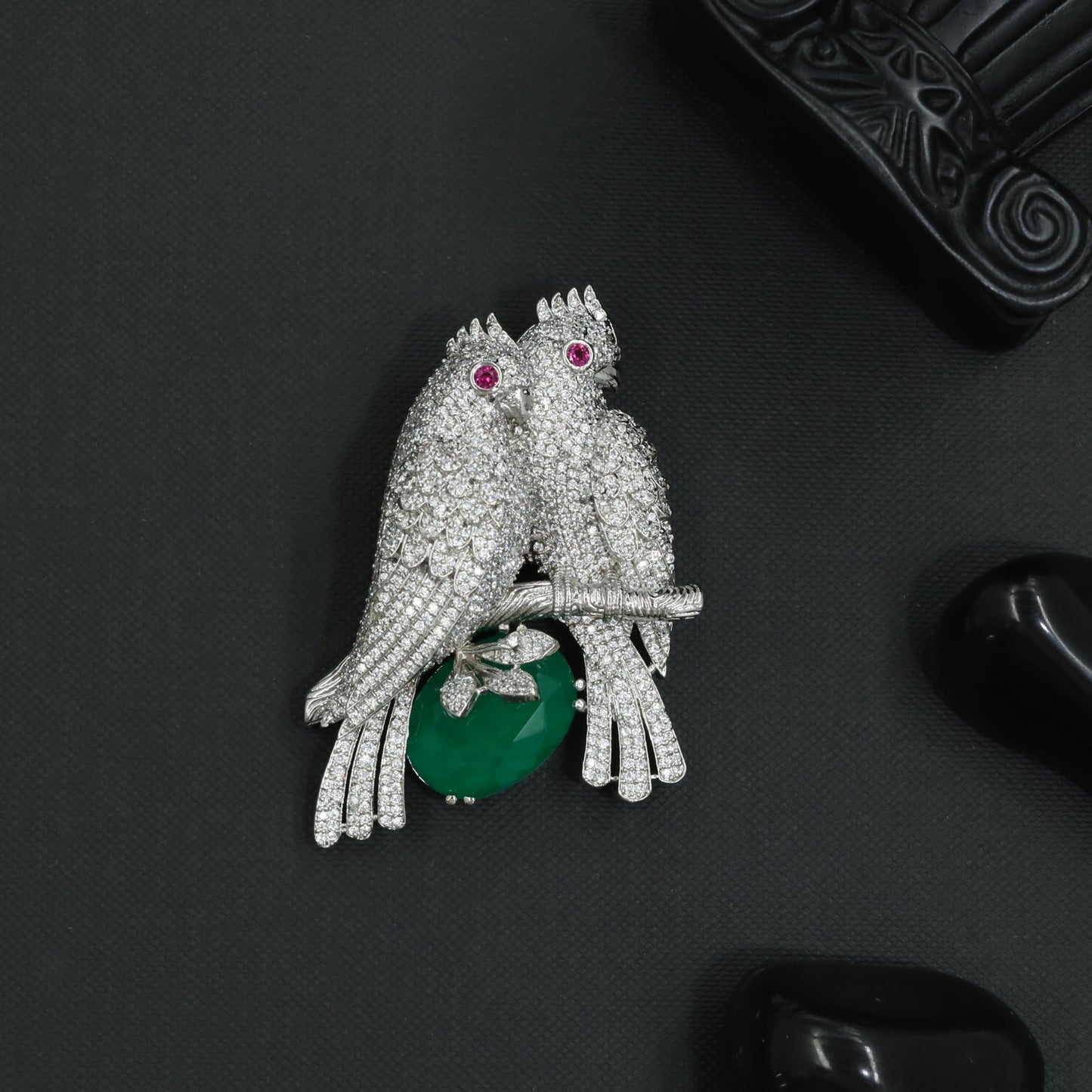 Twin Parrot Brooch with Pavé Feather Detailing and Branch Layout