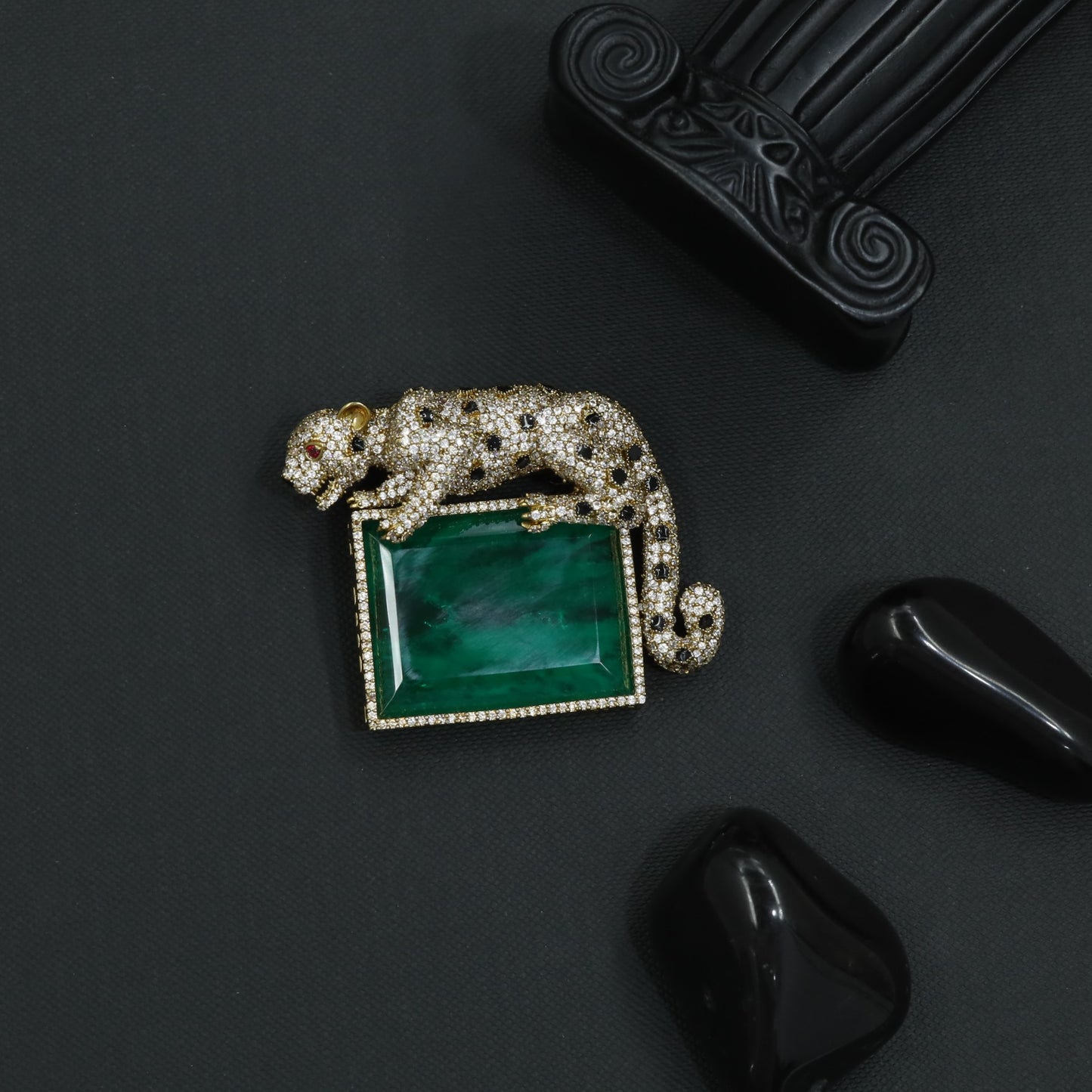Imperial Panther Rhodium Brooch with Geometric Centerpiece and Pavé Surface