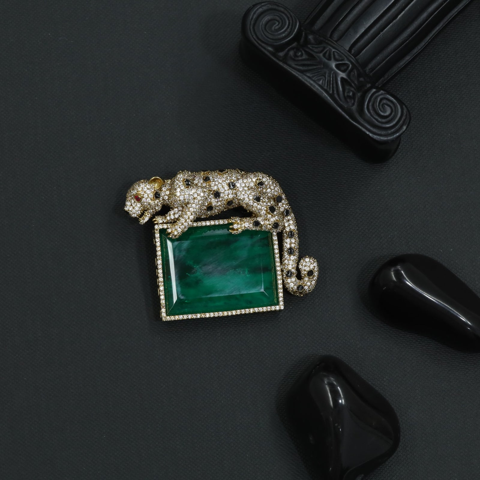 Imperial Panther Rhodium Brooch with Geometric Centerpiece and Pavé Surface
