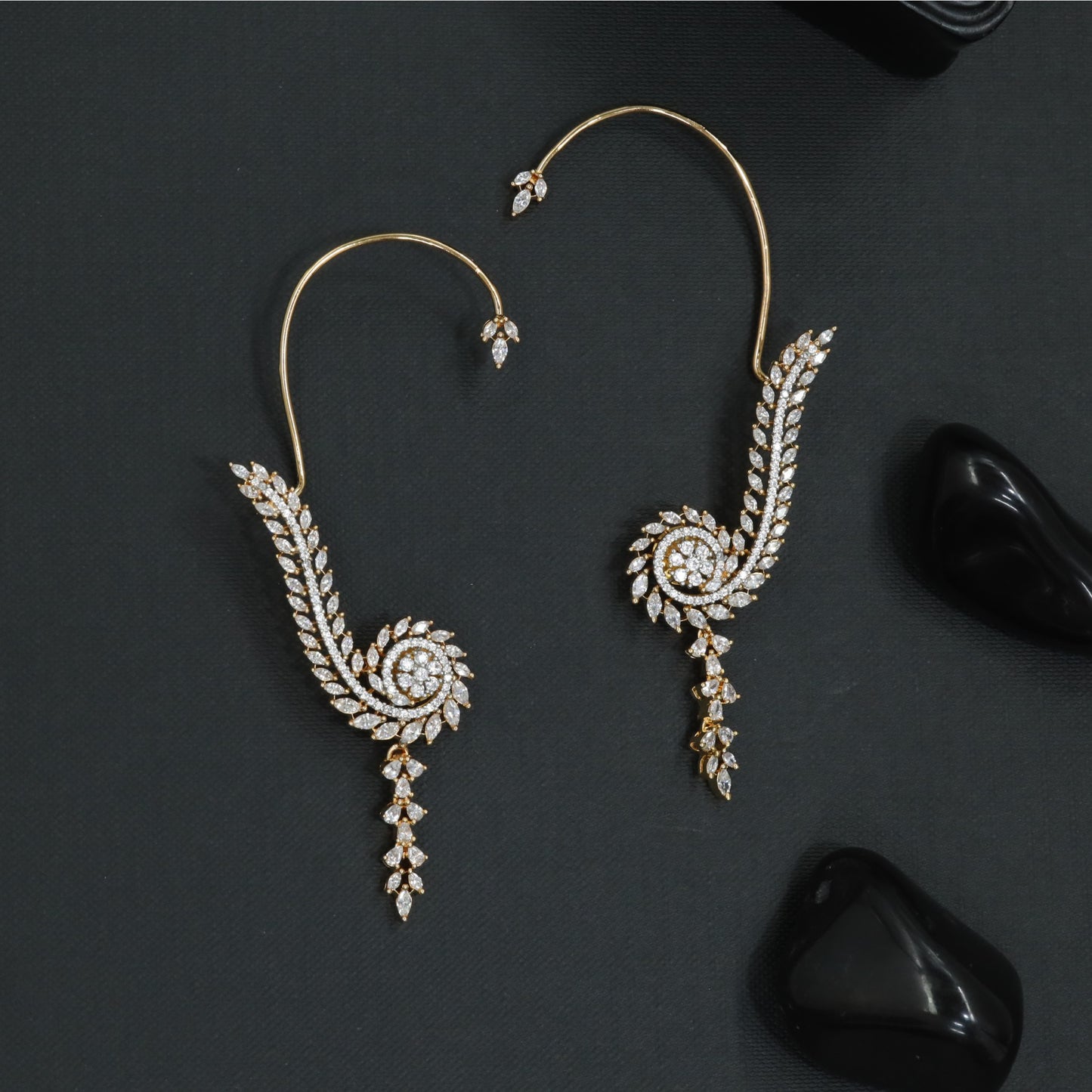 Feather Spiral Earcuff with Cascading Drop Fringe
