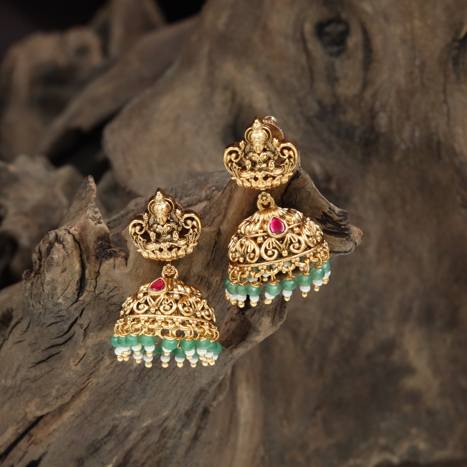 Dome Antique Jumka with Lakshmi Crest and Hanging Fringe