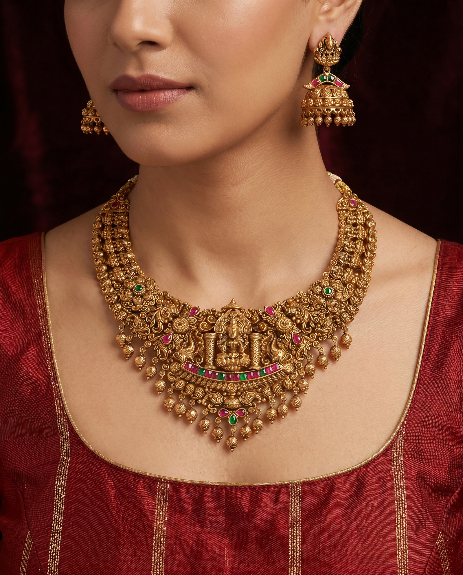 Royal Lakshmi Temple Antique Necklace with Grand Hanging Border Detailing