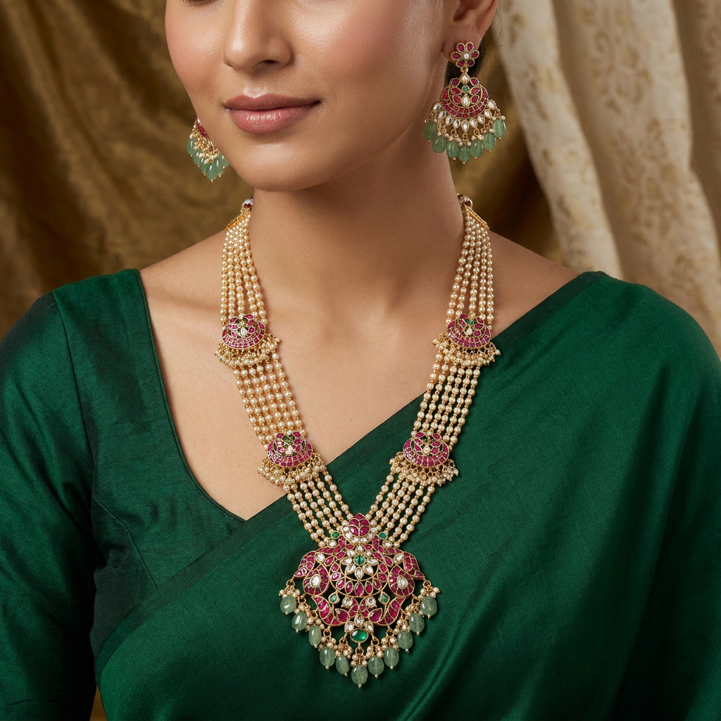 Heritage Multi Strand Jadau Beads Long Haara with Ornamental Floral Accents