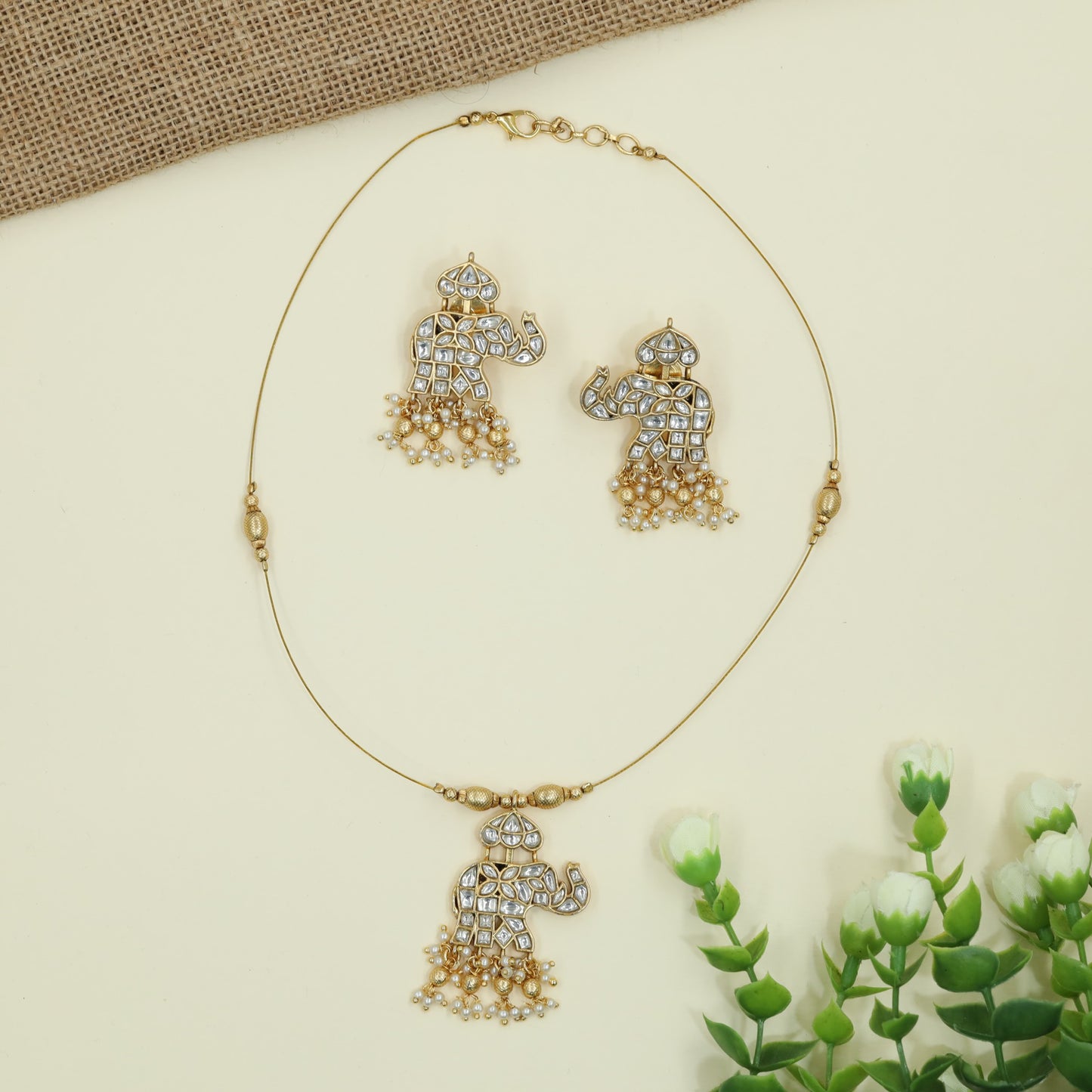 Grand Elephant Pendant Design Jadau Necklace With Hanging Bead Accents