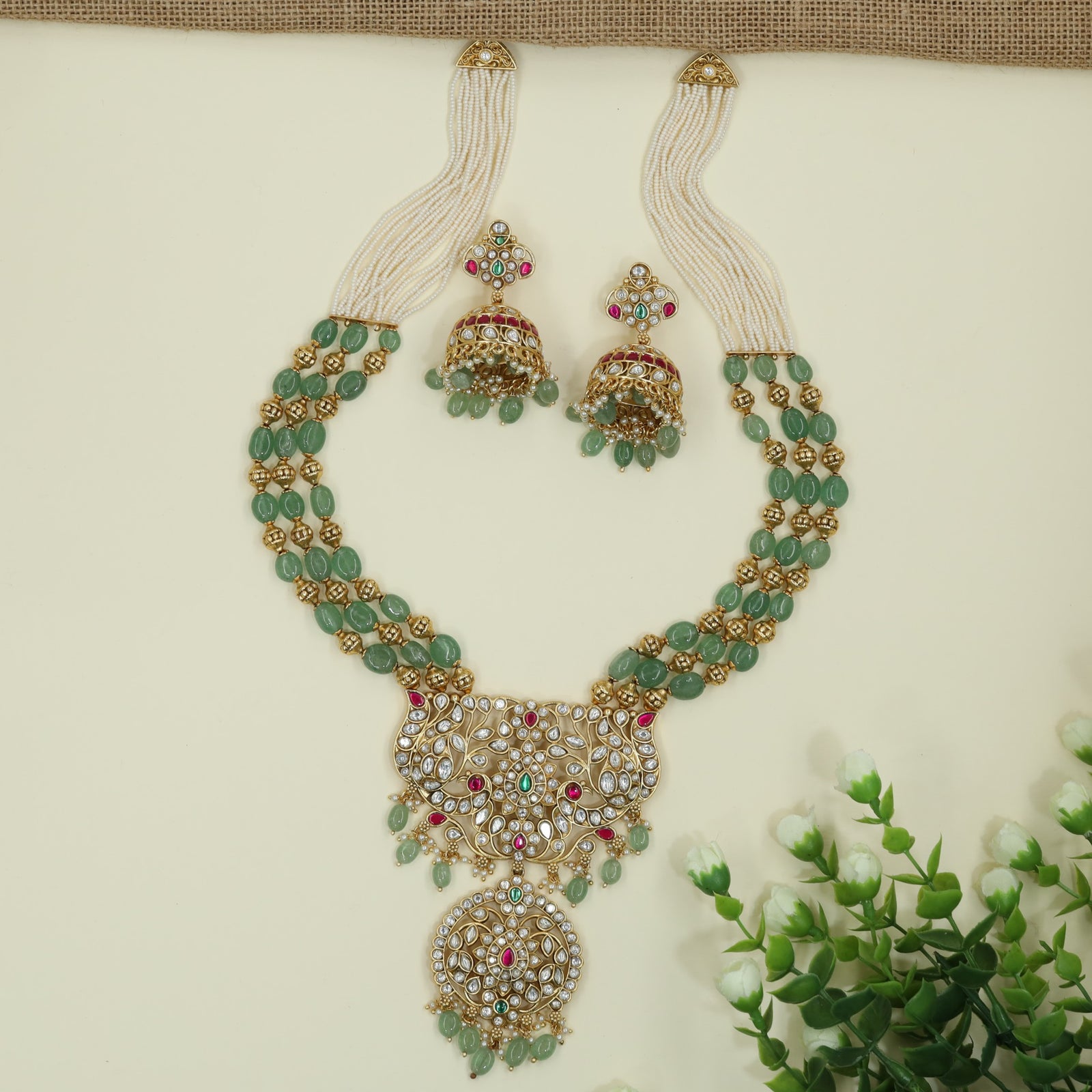 Heritage Multi Strand Pearl Bead Kundan Long Haara With Floral Pendant