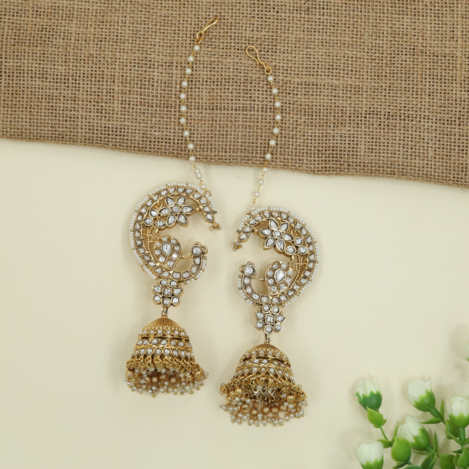 Classic Peacock Scrollwork Jadau Cuff Jumka With Dome Drops