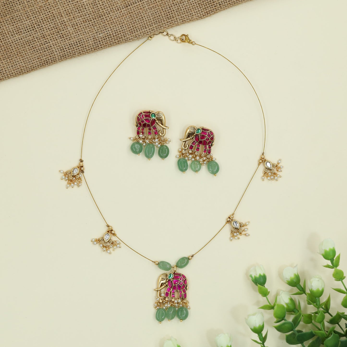 Festive Elephant Pendant Design Jadau Necklace With Coordinated Earrings