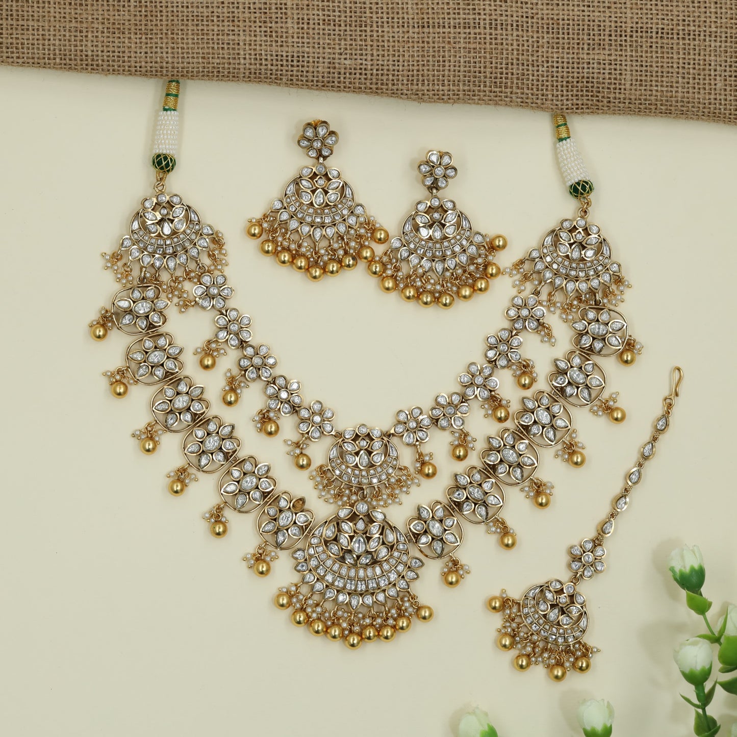 Signature Flower Arrangement Jadau Necklace With Matching Earrings And Tikka