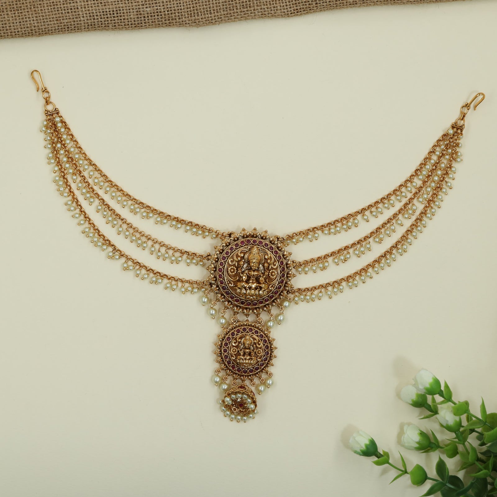 Festive Circular Lakshmi Frame With Decorative Chains Antique JB+Mati