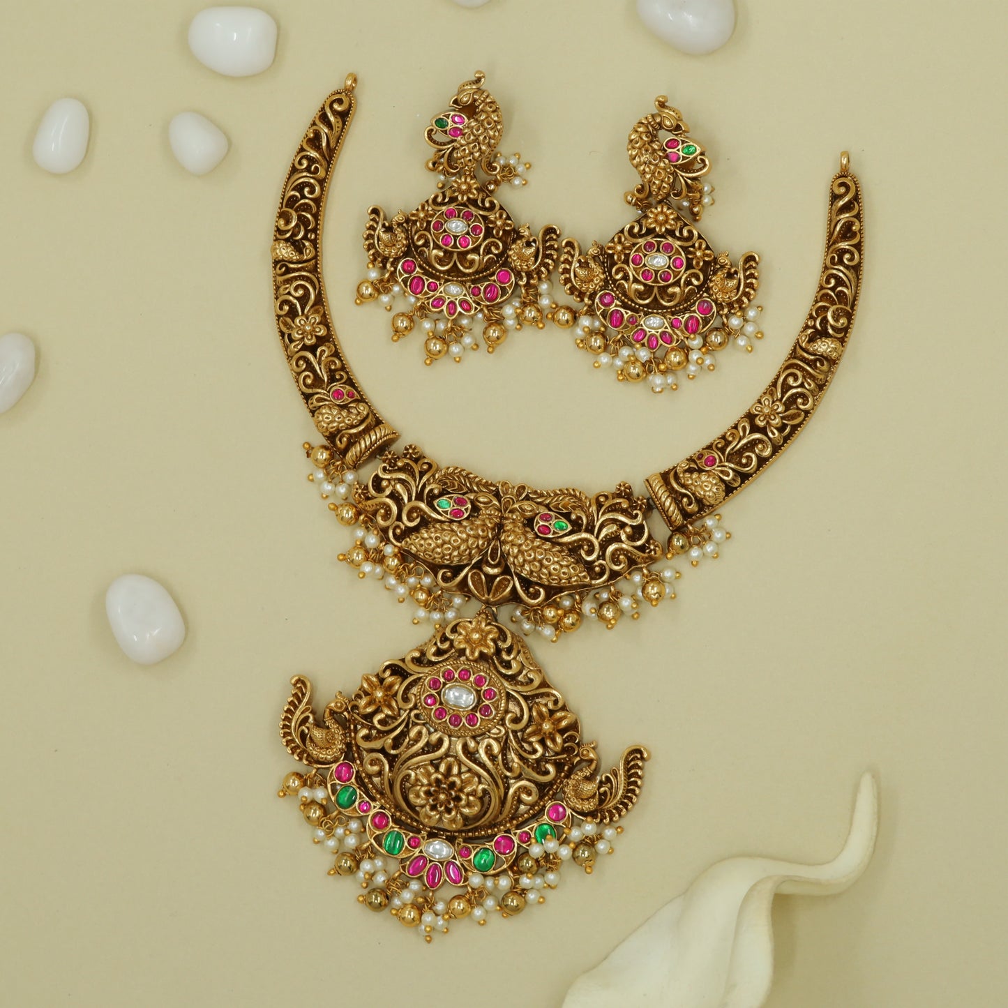 Gridvine Antique Necklace with Peacock Border Surface Work
