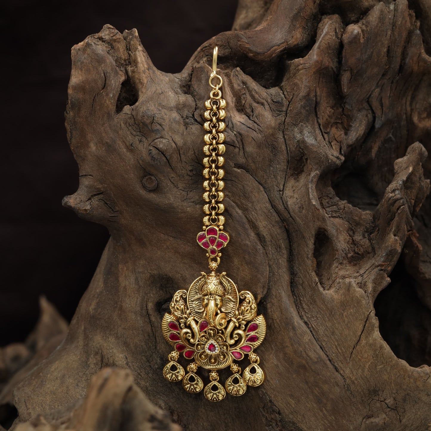 Temple Style Ganesha Antique Tikka With Hanging Drop Accents