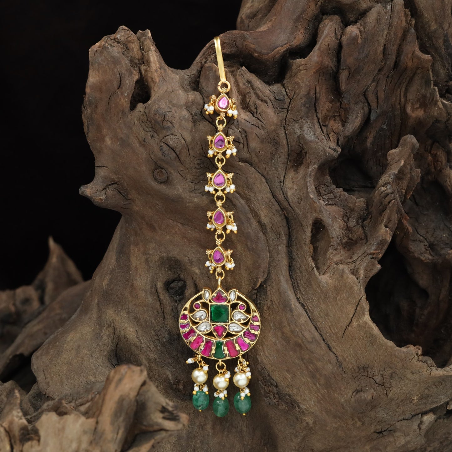 Moonray Pendant Jadau Tikka with Floral Sequence and Bead Clusters
