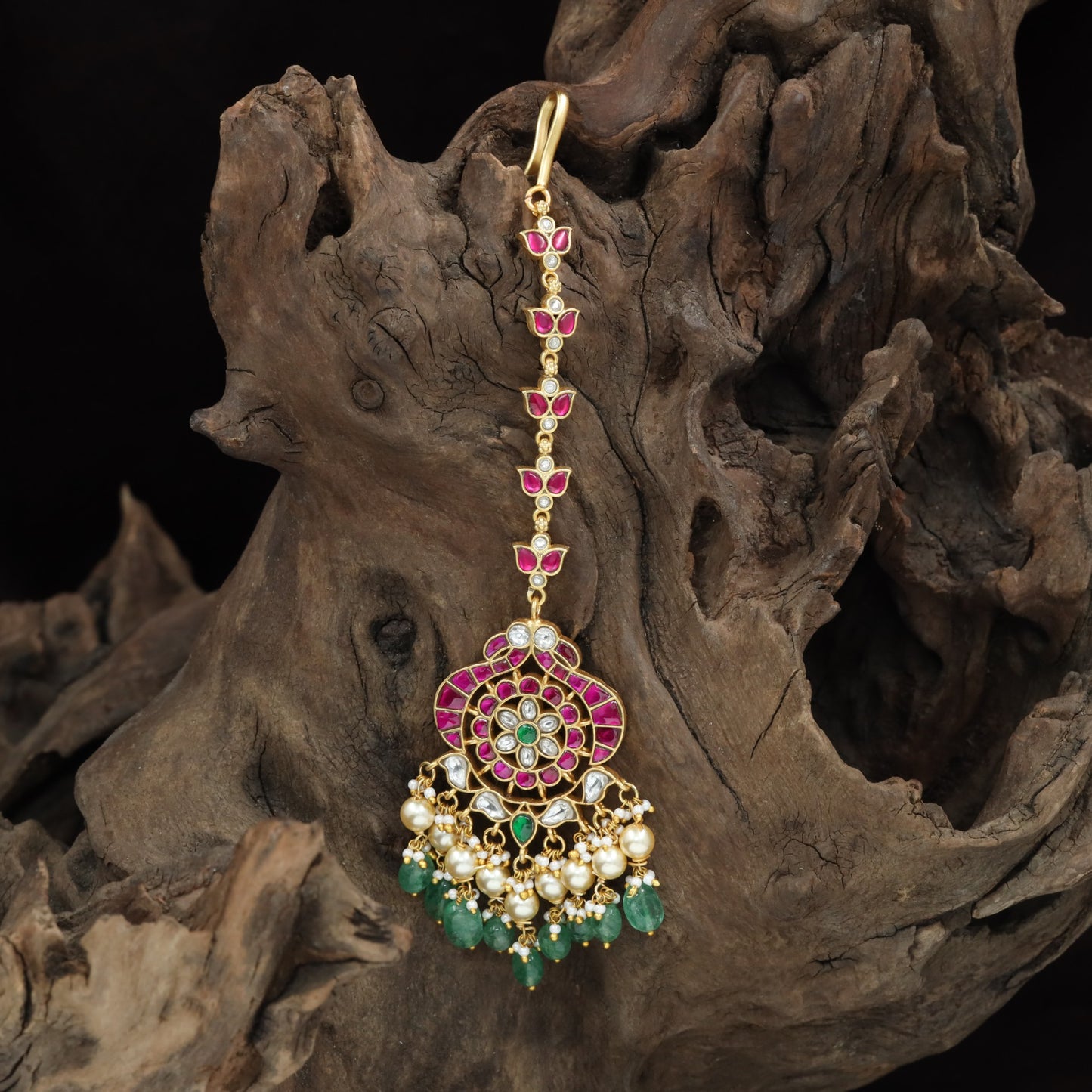 Floral Ring Jadau Tikka with Bead Fringe and Chain Detailing