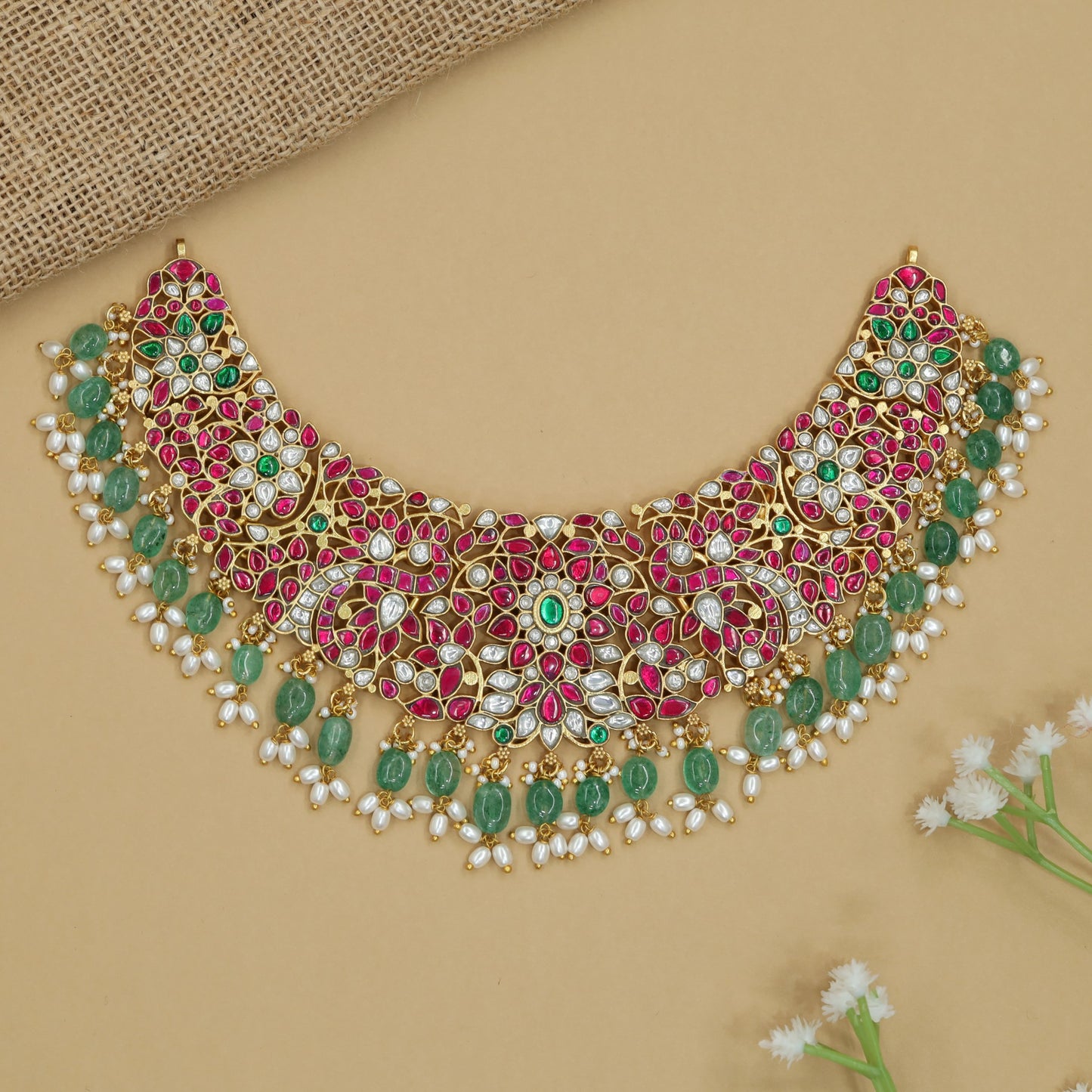 Moonvine Jadau Necklace with Floral Swirl Panels and Dangling Fringe