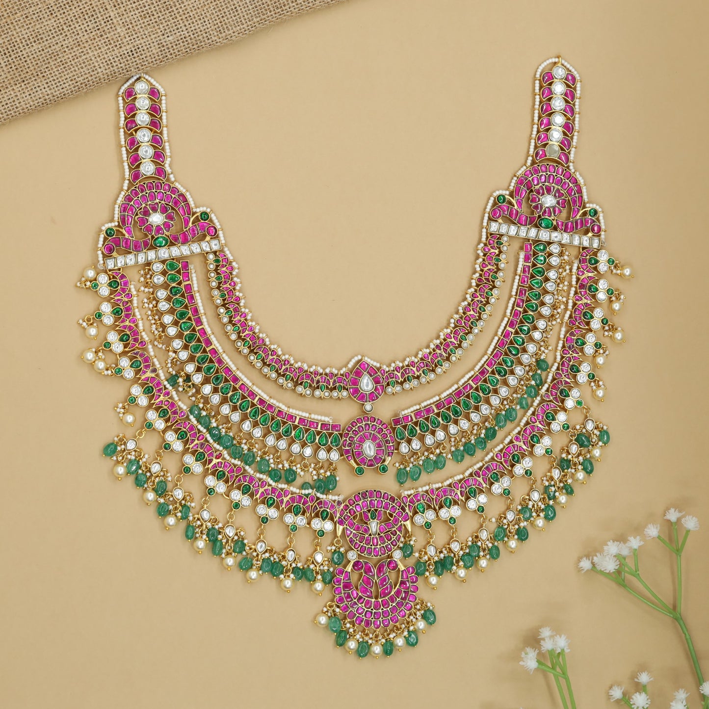 Radiant Garland Jadau Long Haara with Hanging Bead Curtains and Borders