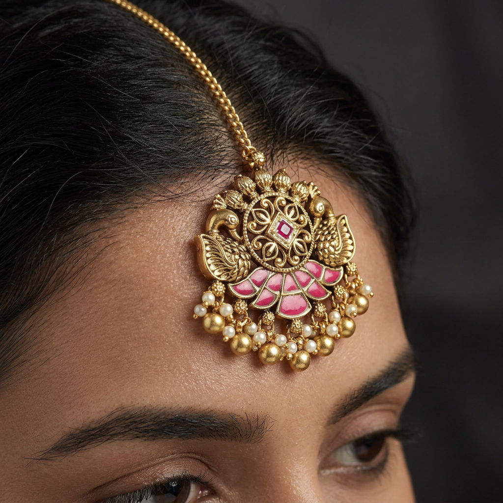 Classic Swan Border Antique Tikka With Hanging Bead Drops