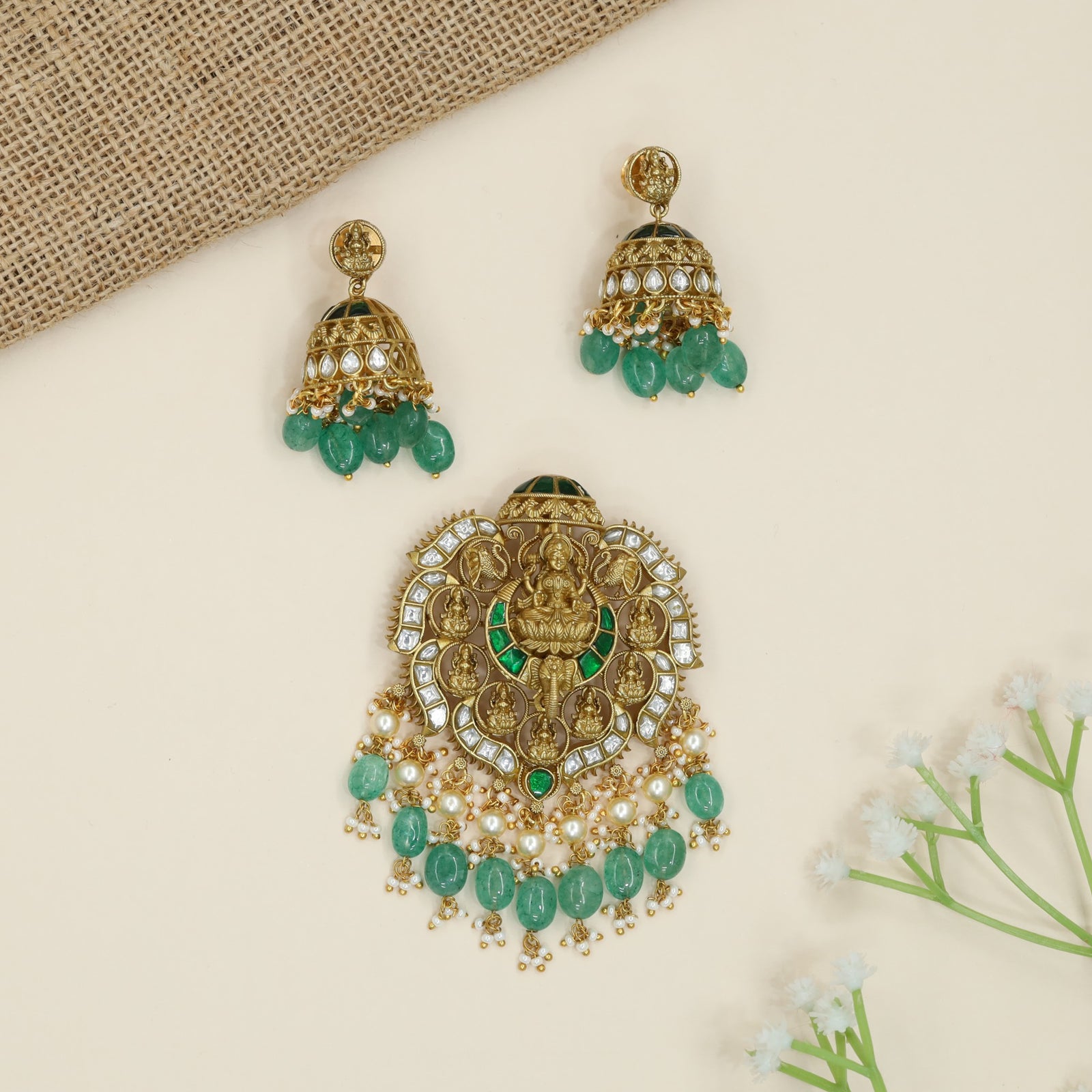 Pearl Fringe Jadau Pendant with Circular Border Work and Danglers
