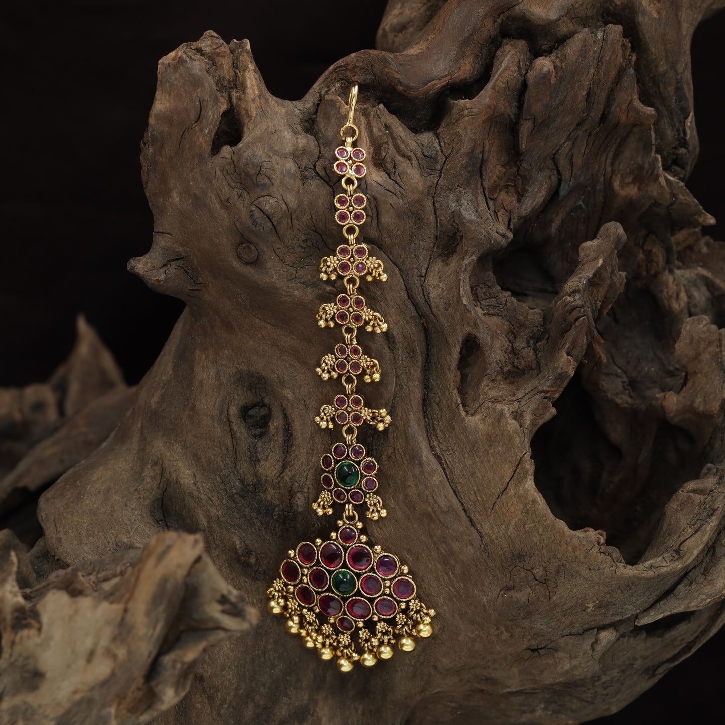 Kempu Stone Drop Pendant Tikka With Dangling Bead Accents