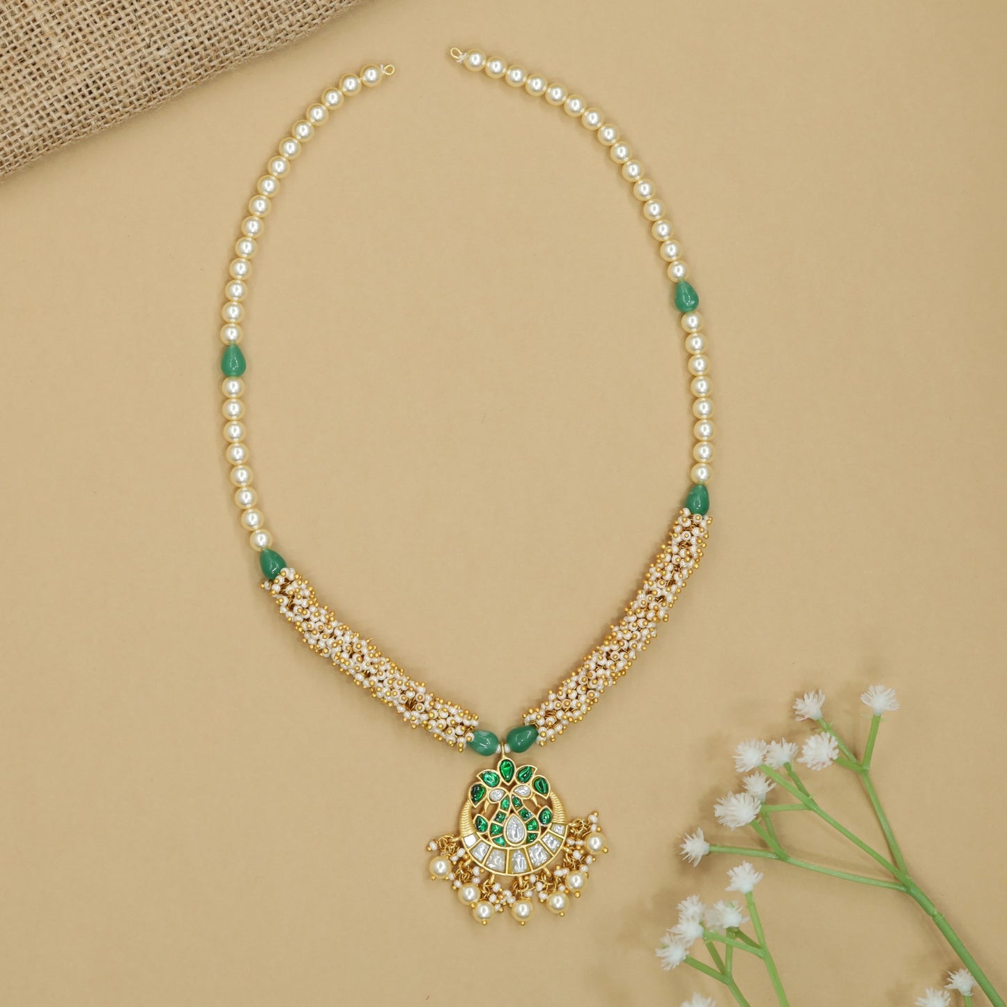 Floral Border Beads Chain with Pearl Rows and Pendant Danglers