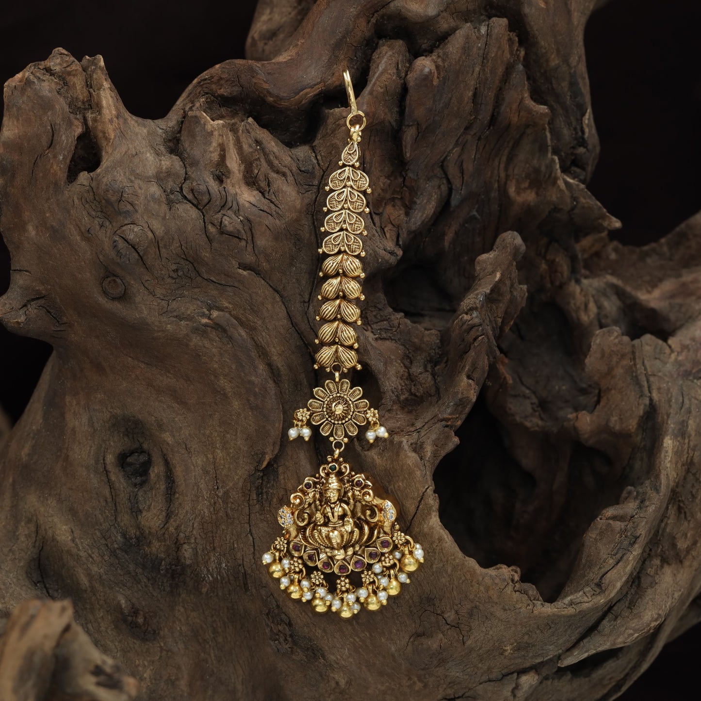 Antique Pendant Tikka With Lakshmi Figure And Fringe Styling