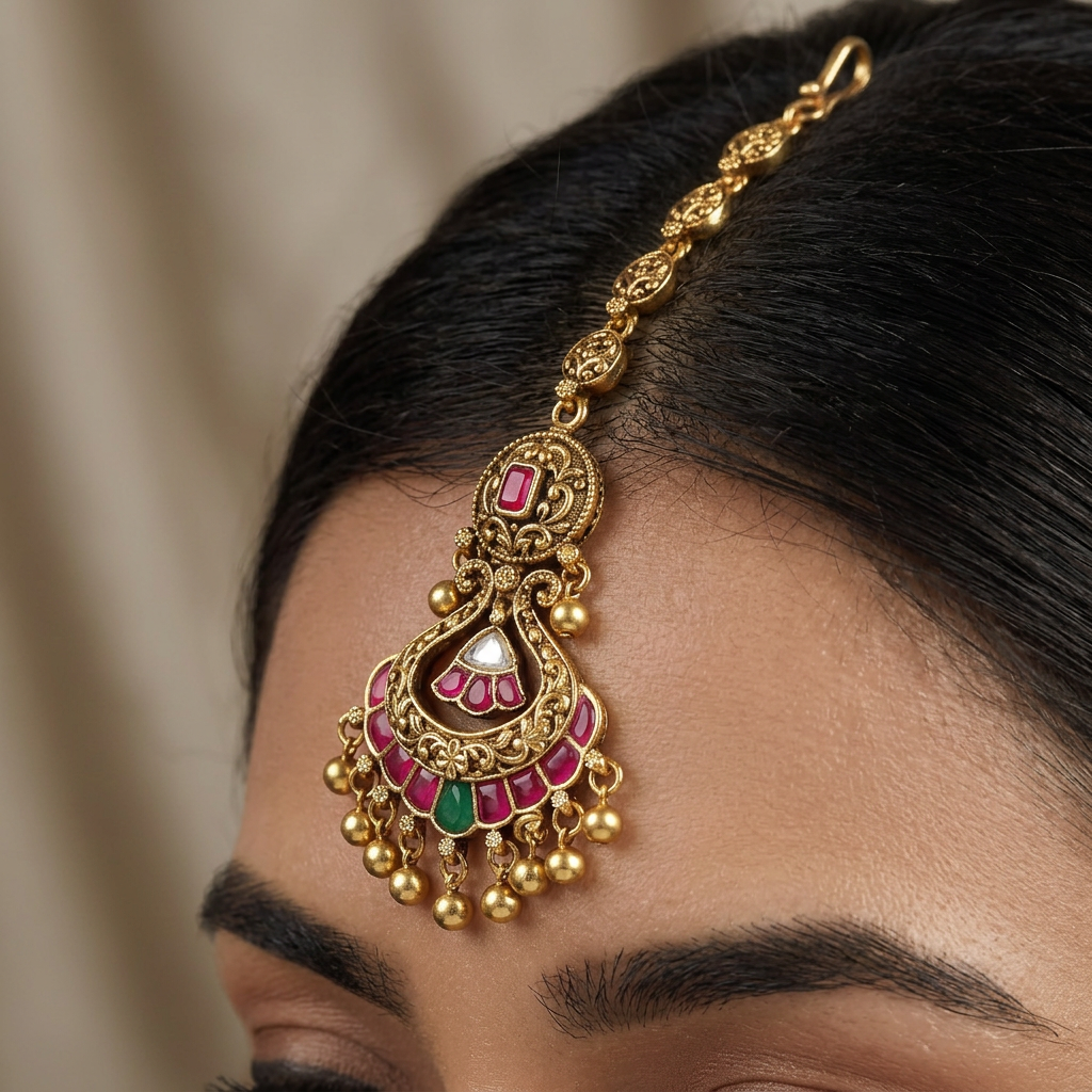 Classic Arch Border Antique Tikka With Hanging Bead Drops