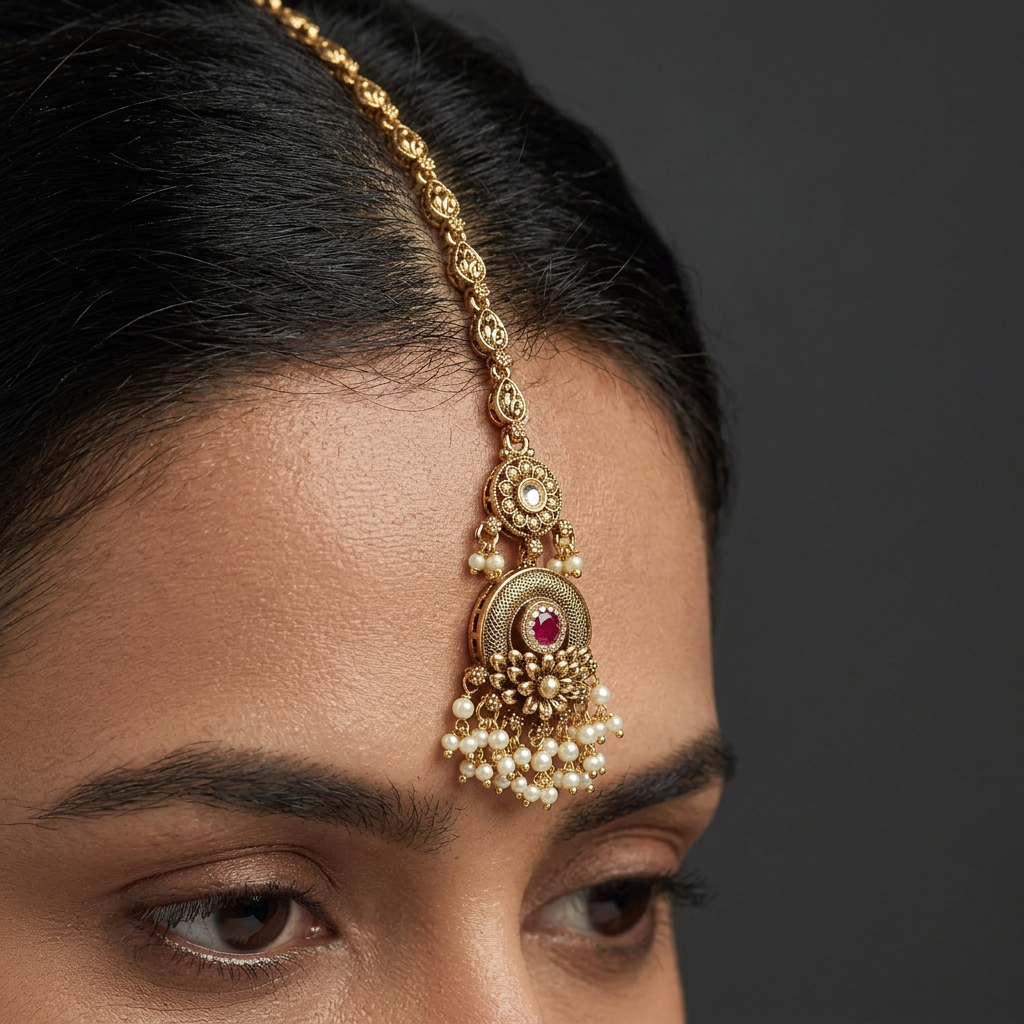 Antique Circular Pendant Tikka With Pearl Fringe Detailing