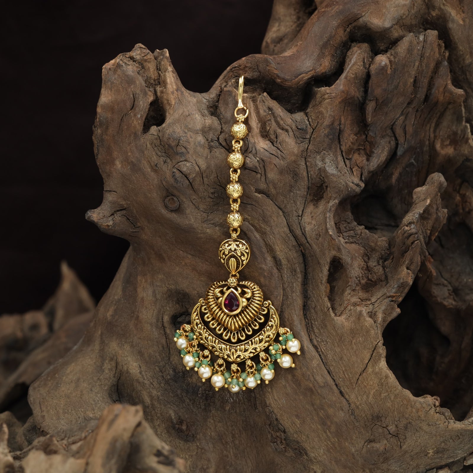 Bridal Floral Chain Antique Tikka With Ornamental Pendant Design