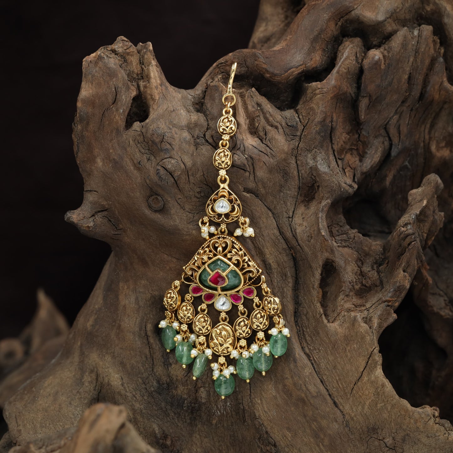 Royal Ornamental Panel Antique Tikka With Cascading Pearl Drops