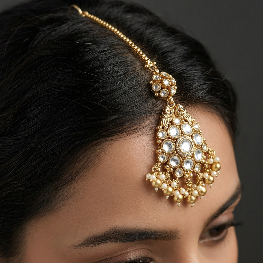 Royal Circular Cluster Kundan Tikka With Pyramid Pendant Design