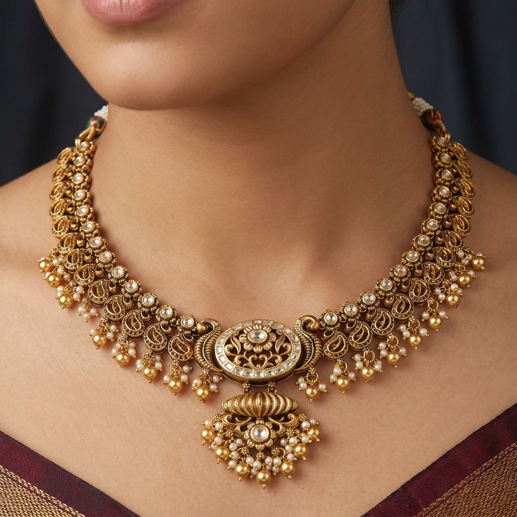 Designer Paisley Border Kundan Necklace With Pendant Work