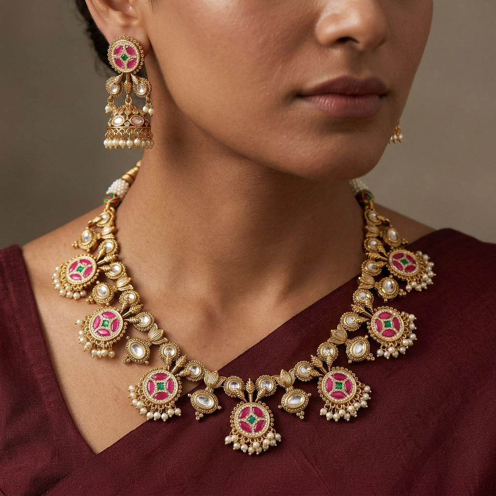 Designer Floral Pendant Jadau Necklace With Earring Set