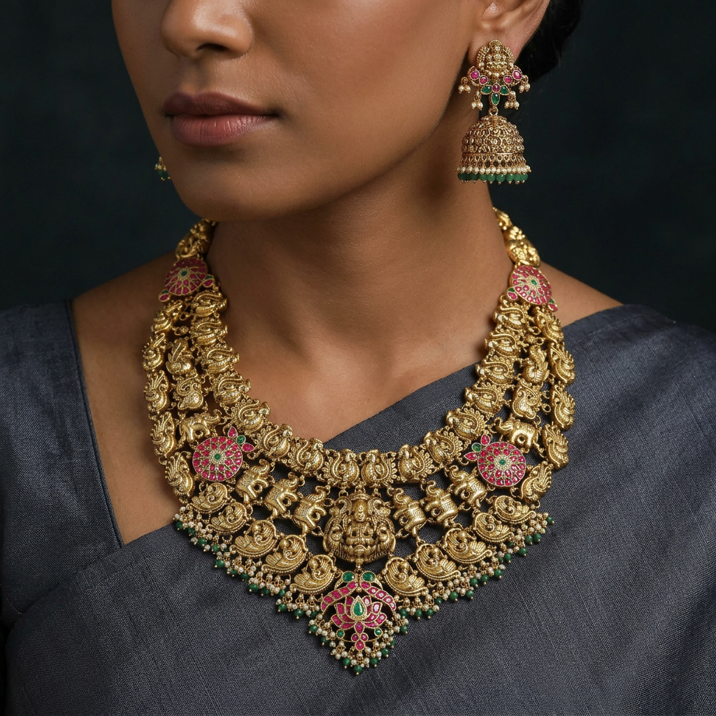 Antique Bridal Long Haara With Elephant Chain Styling