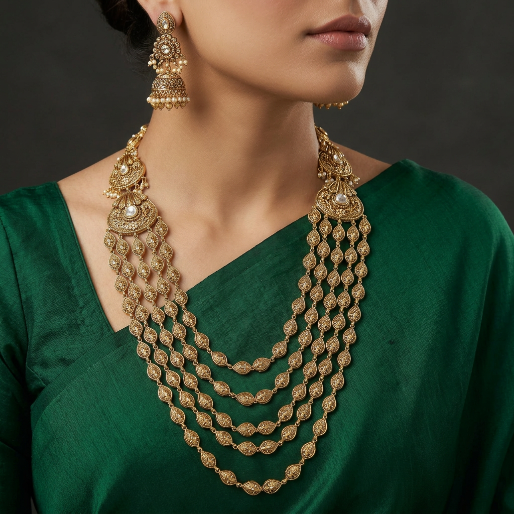 Classic Multi Layer Antique Long Haara With Pendant Work