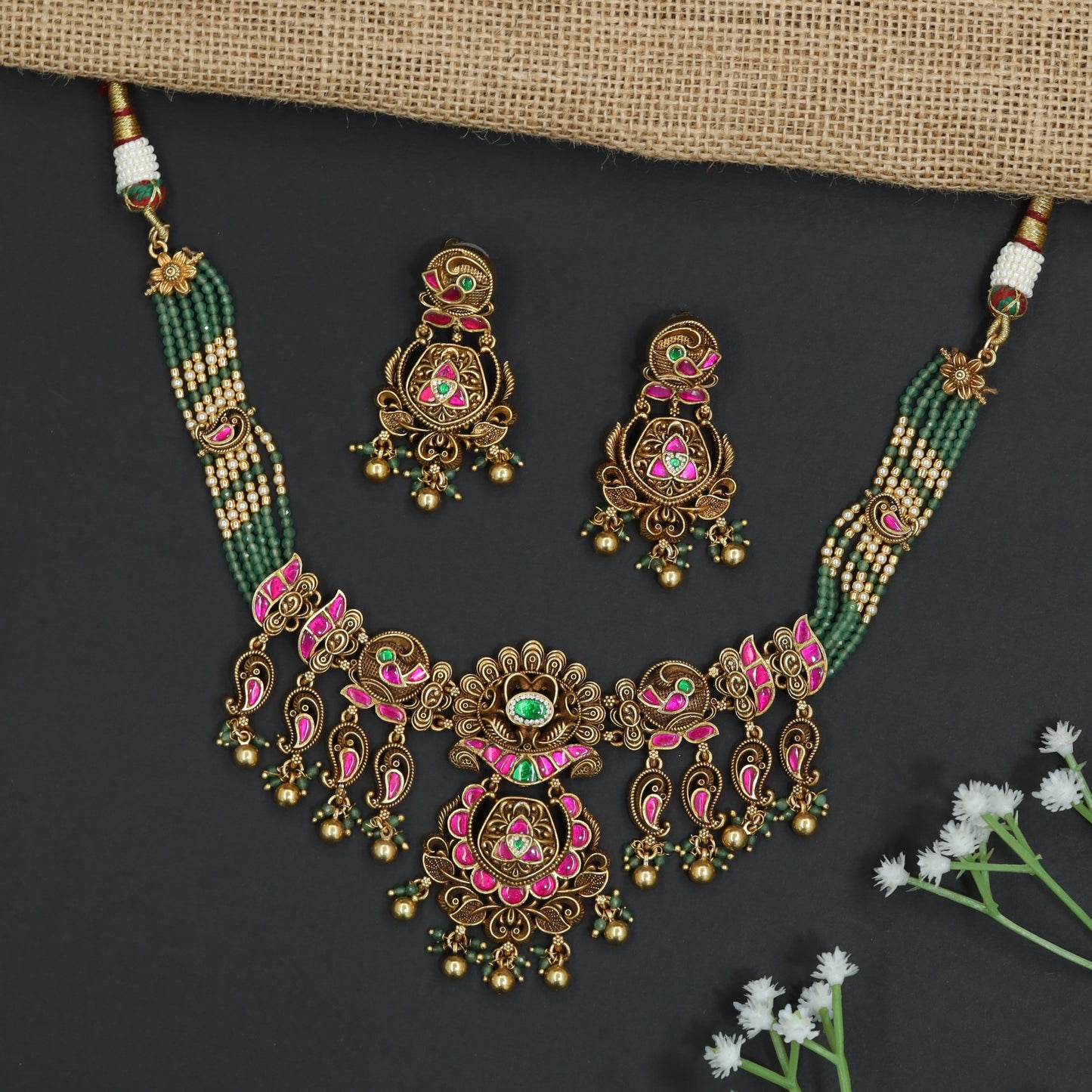 Kundan Pearl Necklace With Paisley Drop Pendant Detailing