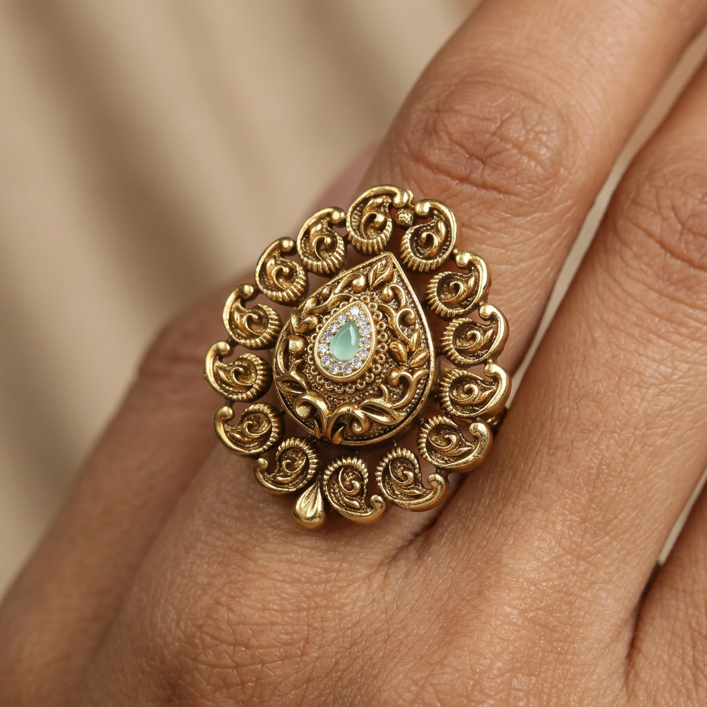 Traditional Teardrop Centre Antique Finger Ring With Curved Scroll Detailing